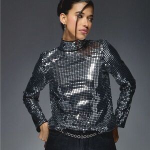 Silver Sequin mock neck Women's Top
